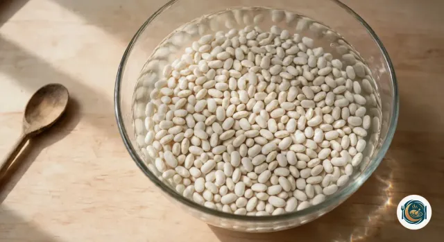 Grand saladier en verre posé sur un plan de travail en bois clair, rempli de centaines de haricots blancs qui trempent dans l’eau froide, la surface de l’eau éclairée par la lumière d’une fenêtre, avec une cuillère en bois posée à gauche