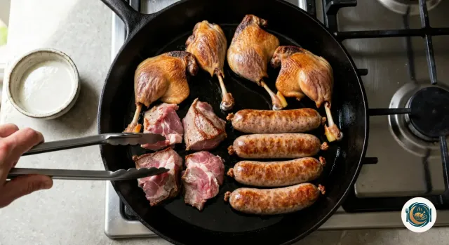 Grande poêle en fonte noire sur le gaz contenant quatre cuisses de canard confites à la peau dorée, quatre saucisses de Toulouse dorées en longues bandes et quatre morceaux d’échine de porc rose marbrés de gras qui viennent d’entrer dans la poêle, pendant qu’une main tient une pince, à côté d’un bol de graisse de canard