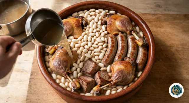 Cassole en terre cuite vernissée remplie de haricots blancs encore pâles, où sont enfoncées des cuisses de canard confites dorées, des saucisses de Toulouse et des morceaux d’échine, pendant qu’une main verse avec une louche du bouillon clair sur les haricots, une casserole de bouillon à gauche