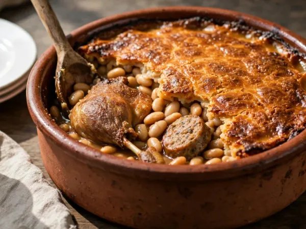 Cassole ronde en terre cuite vernissée remplie d’un cassoulet tout juste sorti du four, couvert d’une croûte dorée et craquelée, ouverte sur la gauche par une cuillère en bois qui laisse voir des haricots blancs, une cuisse de canard confite et une tranche de saucisse de Toulouse, à côté d’une pile d’assiettes blanches et d’une serviette en lin