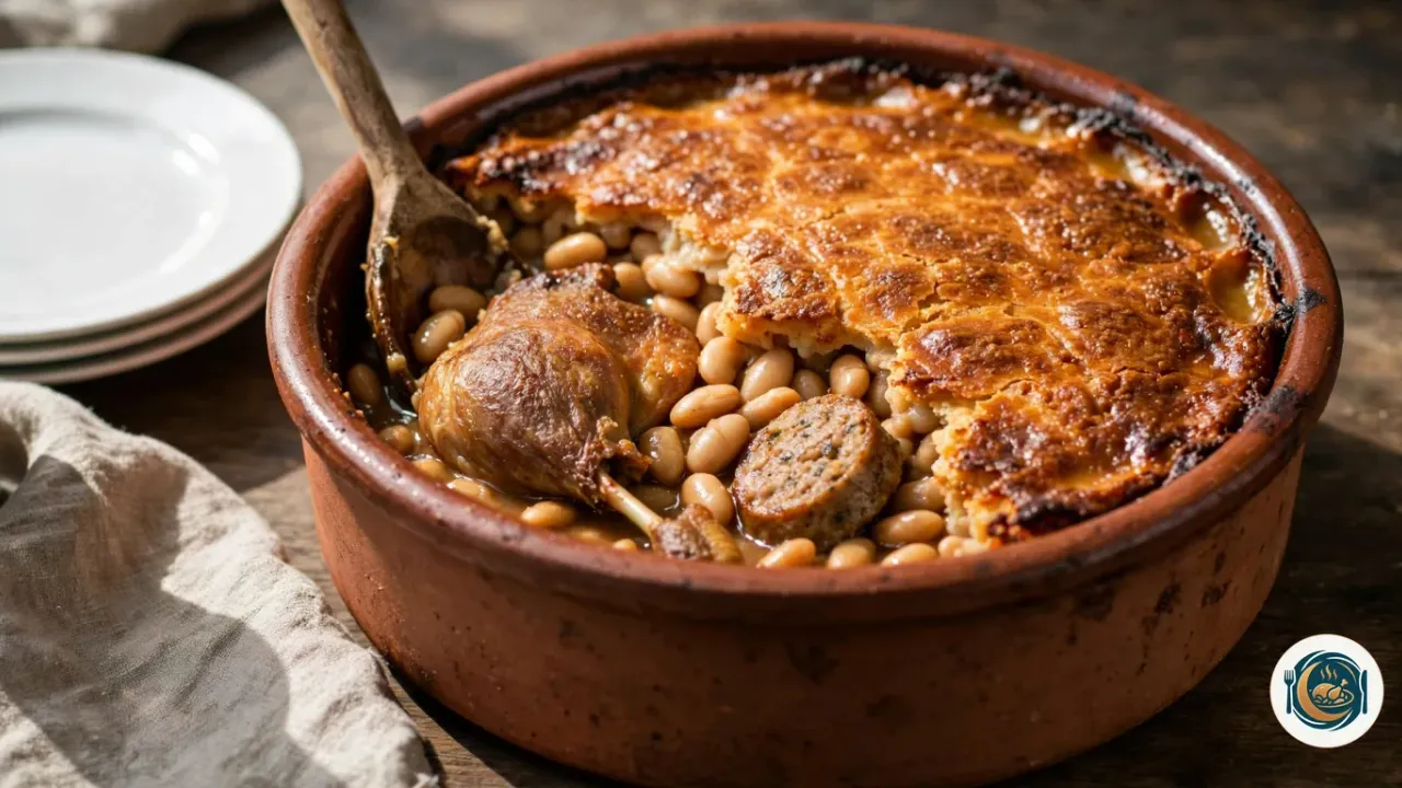 Cassole ronde en terre cuite vernissée remplie d’un cassoulet tout juste sorti du four, couvert d’une croûte dorée et craquelée, ouverte sur la gauche par une cuillère en bois qui laisse voir des haricots blancs, une cuisse de canard confite et une tranche de saucisse de Toulouse, à côté d’une pile d’assiettes blanches et d’une serviette en lin