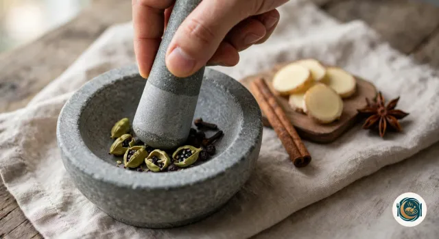 Main qui écrase au pilon des gousses de cardamome verte, ouvertes sur leurs graines noires, avec des grains de poivre et des clous de girofle au fond d’un mortier en pierre grise, à côté d’un bâton de cannelle, de rondelles de gingembre frais et d’une étoile de badiane
