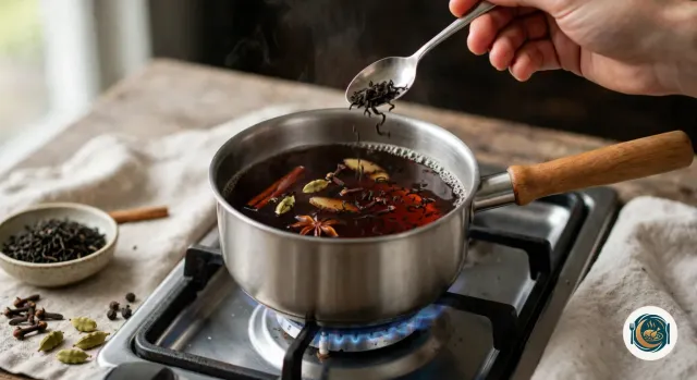 Cuillère qui verse du thé noir en vrac dans une petite casserole en inox où frémit une infusion brun acajou, avec un bâton de cannelle, de la cardamome, des clous de girofle, du gingembre et une étoile de badiane, sur une flamme de gaz