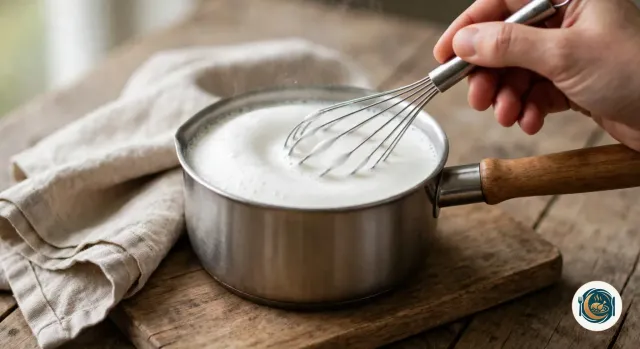 Main qui fouette du lait chaud dans une petite casserole en inox à manche en bois, jusqu’à une mousse blanche, fine et épaisse, qui monte presque au bord