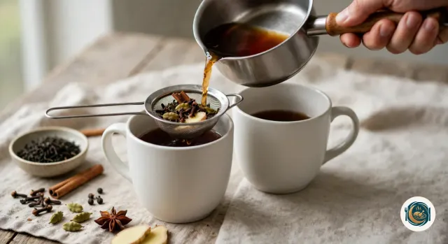 Main qui verse un thé épicé brun foncé à travers une petite passoire à thé posée sur une tasse blanche, la passoire retenant les feuilles de thé, la cardamome, les clous de girofle, le gingembre et la cannelle, à côté d’une seconde tasse de thé