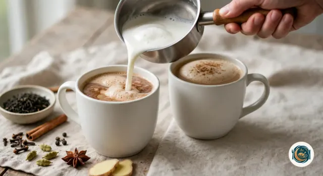 Lait chaud et mousseux versé d’une petite casserole dans une tasse blanche de thé épicé, qui devient couleur caramel sous une mousse naissante, à côté d’une seconde tasse de chai latte déjà servie, avec sa mousse saupoudrée de cannelle