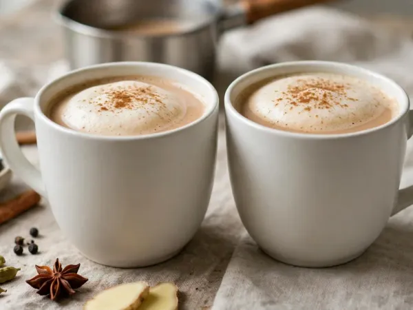 Deux grandes tasses blanches de chai latte maison, couleur caramel clair, couronnées d’une épaisse mousse de lait saupoudrée de cannelle, entourées de gousses de cardamome verte, d’un bâton de cannelle, de clous de girofle, de grains de poivre noir, d’une étoile de badiane, de rondelles de gingembre et d’un bol de thé noir en vrac, devant une petite casserole en inox