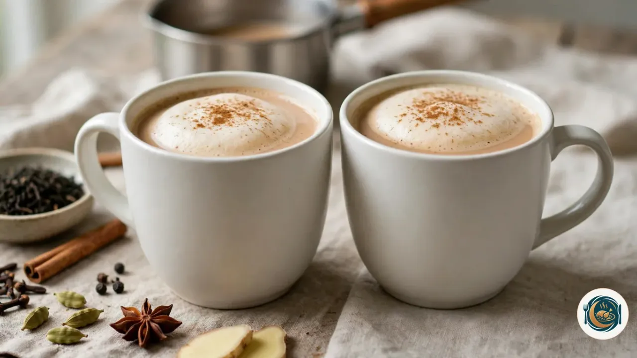 Deux grandes tasses blanches de chai latte maison, couleur caramel clair, couronnées d’une épaisse mousse de lait saupoudrée de cannelle, entourées de gousses de cardamome verte, d’un bâton de cannelle, de clous de girofle, de grains de poivre noir, d’une étoile de badiane, de rondelles de gingembre et d’un bol de thé noir en vrac, devant une petite casserole en inox