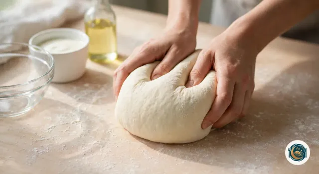 Mains qui pétrissent une boule de pâte à naan lisse et crème sur un plan de travail en bois fariné, à côté d’un saladier en verre vide, d’un petit pot de yaourt nature et d’une petite bouteille d’huile