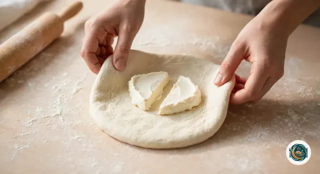 Disque de pâte à naan sur un plan de travail fariné, avec au centre deux portions triangulaires de fromage fondu ivoire légèrement écrasées, et deux mains qui commencent à ramener les bords de la pâte vers le milieu