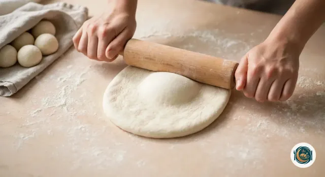 Deux mains qui passent un rouleau à pâtisserie en bois sur un naan farci étalé en disque sur un plan de travail fariné, avec une légère bosse au centre là où se cache le fromage et cinq boules de pâte en attente sous un torchon à gauche