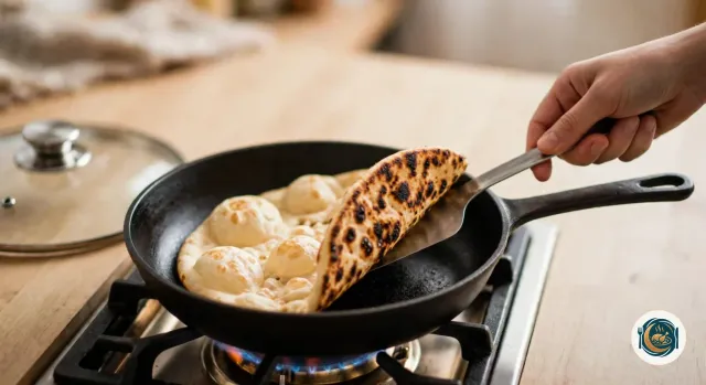 Poêle en fonte noire sur le feu, où cuit un naan farci dont le dessus pâle est gonflé de grosses bulles, pendant qu’une main en soulève un bord avec une spatule en métal et montre un dessous doré tacheté de brun foncé, avec un couvercle en verre posé à gauche