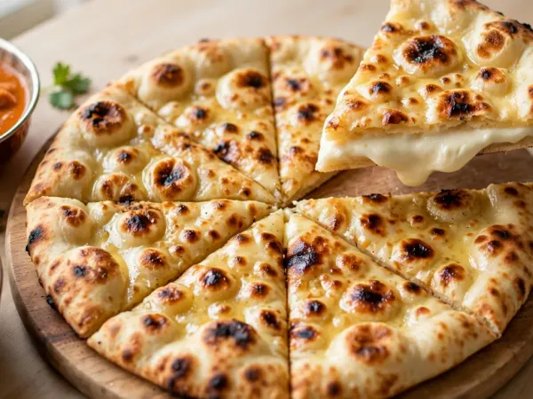 Cheese naan rond et doré, couvert de bulles cloquées et de taches grillées, luisant de beurre, coupé en parts sur une planche en bois, avec une part soulevée qui montre entre ses deux couches de pain un fromage fondu ivoire et crémeux, à côté d’un bol de curry de poulet orange et d’un bol de dal jaune à la coriandre