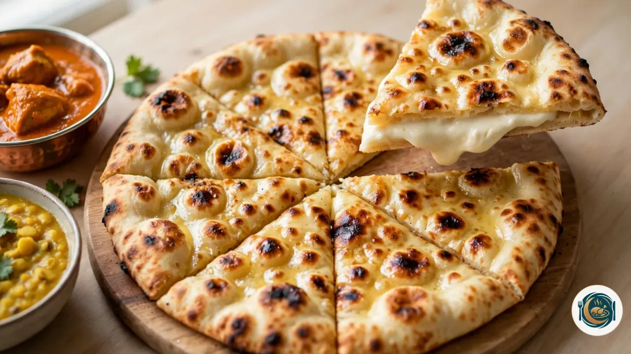 Cheese naan rond et doré, couvert de bulles cloquées et de taches grillées, luisant de beurre, coupé en parts sur une planche en bois, avec une part soulevée qui montre entre ses deux couches de pain un fromage fondu ivoire et crémeux, à côté d’un bol de curry de poulet orange et d’un bol de dal jaune à la coriandre