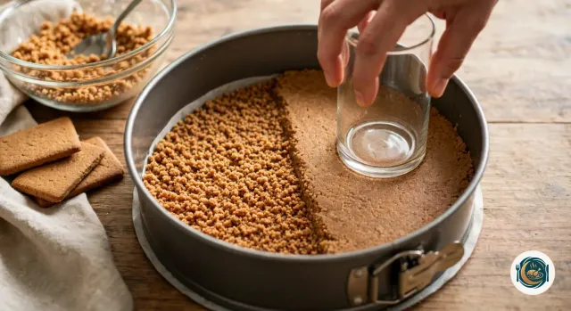 Main qui tasse avec le fond plat d’un verre une couche de miettes de biscuits beurrées, brun doré, au fond d’un moule à charnière en métal chemisé de papier cuisson, à moitié lissée, à côté d’un saladier en verre de miettes et de biscuits rectangulaires posés sur un torchon en lin