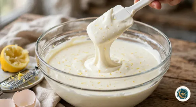 Spatule en silicone blanche soulevée d’un grand saladier en verre rempli d’un appareil au fromage frais lisse et épais, ivoire, piqué de zeste de citron, qui retombe en ruban, à côté d’un demi-citron pressé, d’une râpe et de deux coquilles d’œuf
