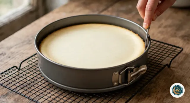 Main qui glisse la lame d’un petit couteau entre le bord d’un cheesecake tout juste cuit, au dessus lisse et doré, et le cercle d’un moule à charnière posé sur une grille de refroidissement noire