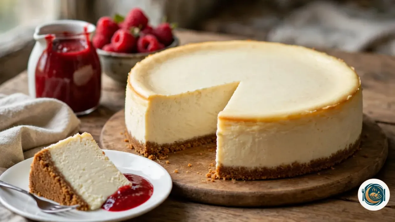 Cheesecake new-yorkais entier sur une planche ronde en bois, au dessus lisse ivoire légèrement doré sur le bord, entamé d’une part posée sur une assiette blanche avec une fourchette et une cuillerée de coulis de framboise, devant un pot de coulis et un bol de framboises
