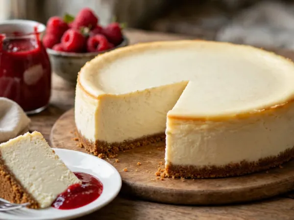 Cheesecake new-yorkais entier sur une planche ronde en bois, au dessus lisse ivoire légèrement doré sur le bord, entamé d’une part posée sur une assiette blanche avec une fourchette et une cuillerée de coulis de framboise, devant un pot de coulis et un bol de framboises