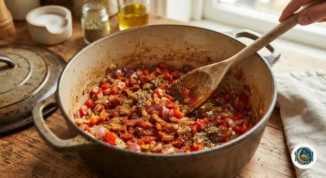 Oignon et poivron rouge revenus dans une cocotte, saupoudrés de cumin, de paprika fumé et d’origan, avec une cuillère en bois