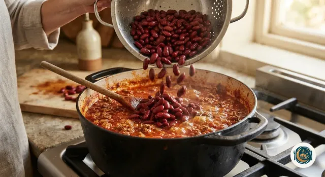 Haricots rouges égouttés versés dans une cocotte de sauce tomate à la viande hachée qui mijote