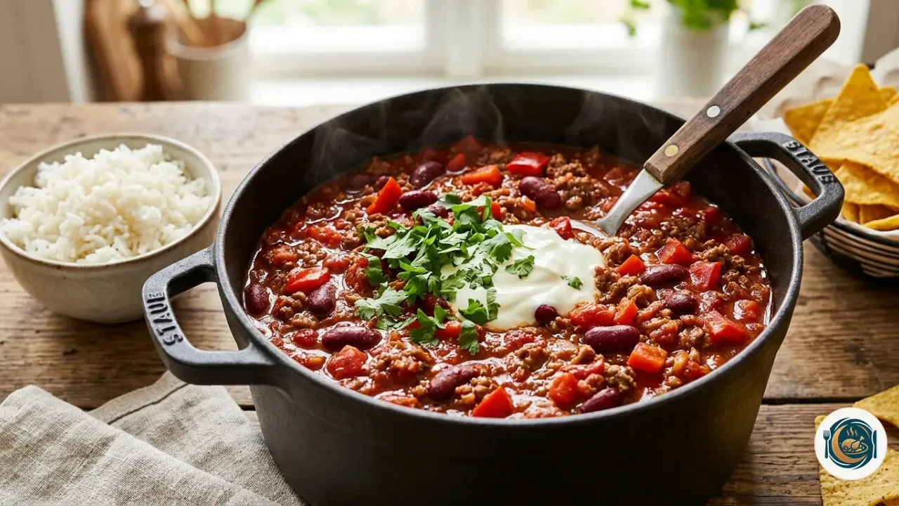 Chili con carne dans une cocotte en fonte, avec des haricots rouges, du poivron, de la coriandre fraîche et une cuillère de crème, à côté d’un bol de riz blanc