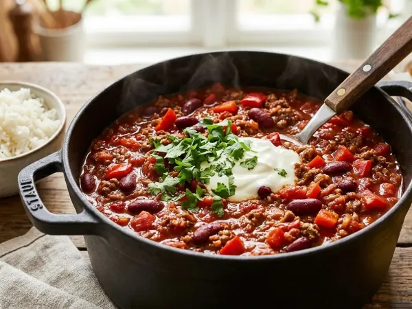 Chili con carne dans une cocotte en fonte, avec des haricots rouges, du poivron, de la coriandre fraîche et une cuillère de crème, à côté d’un bol de riz blanc