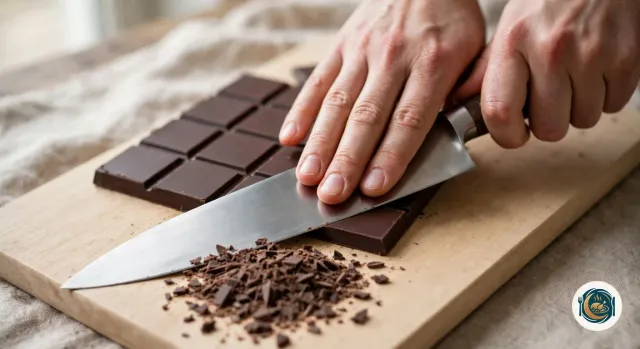 Mains qui hachent une tablette de chocolat noir au grand couteau sur une planche en bois clair, avec un petit tas de chocolat finement haché devant la lame