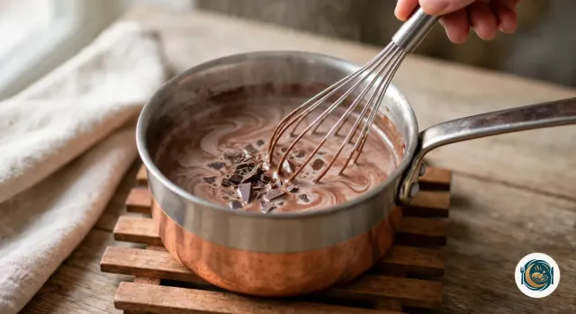 Main qui fouette le chocolat haché dans le lait chaud d’une petite casserole à fond de cuivre posée sur un dessous-de-plat en bois, le lait marbré de traînées de chocolat fondu et quelques morceaux encore visibles