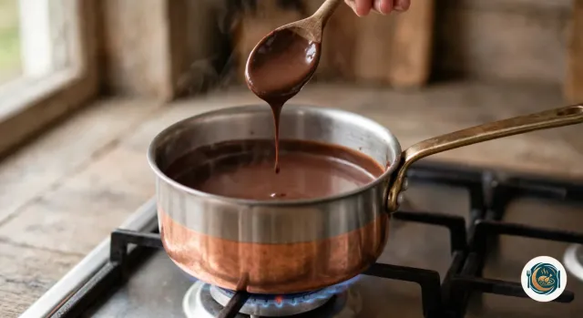 Petite casserole à fond de cuivre sur une douce flamme de gaz, pleine d’un chocolat chaud lisse et brillant, avec une cuillère en bois soulevée au-dessus, dont le dos reste nappé de chocolat qui retombe en un filet épais