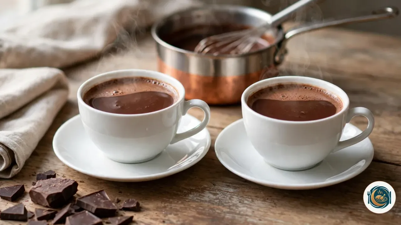 Deux tasses blanches en porcelaine sur leur soucoupe, remplies d’un chocolat chaud brun foncé, épais et brillant, avec une fine mousse sur les bords, devant une petite casserole à fond de cuivre où il reste un peu de chocolat avec un fouet, à côté d’éclats de chocolat noir et d’une serviette en lin sur une table en bois