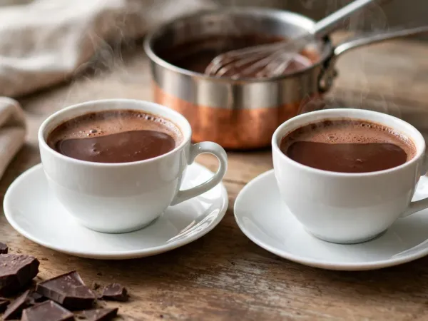 Deux tasses blanches en porcelaine sur leur soucoupe, remplies d’un chocolat chaud brun foncé, épais et brillant, avec une fine mousse sur les bords, devant une petite casserole à fond de cuivre où il reste un peu de chocolat avec un fouet, à côté d’éclats de chocolat noir et d’une serviette en lin sur une table en bois