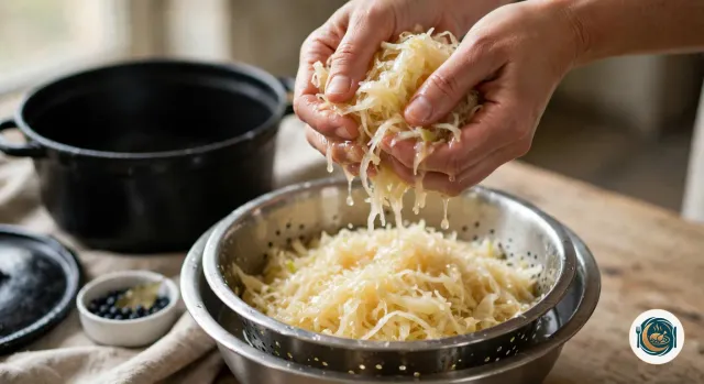 Deux mains qui pressent une poignée de choucroute crue en fins rubans ivoire au-dessus d’une passoire en inox posée dans un saladier, la saumure qui s’égoutte entre les doigts, à côté d’une cocotte en fonte noire vide et d’une coupelle de baies de genièvre