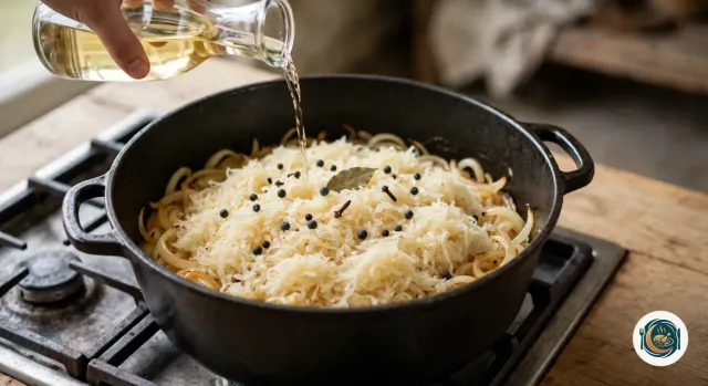 Main qui verse un filet de vin blanc d’une carafe en verre sur la choucroute crue étalée sur des oignons fondus, dans une cocotte en fonte noire posée sur le gaz, parsemée de baies de genièvre, de clous de girofle et d’une feuille de laurier