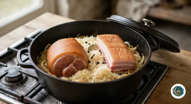 Palette de porc fumée entière et morceau de lard fumé à la couenne quadrillée, posés sur la choucroute crue dans la cocotte en fonte noire, le couvercle appuyé contre la cocotte