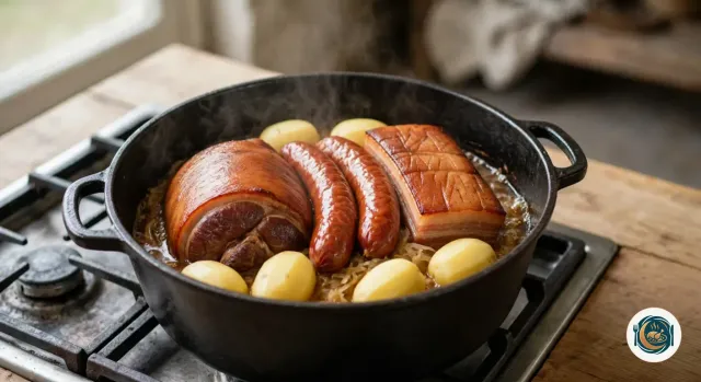 Cocotte en fonte noire fumante où la choucroute cuite et dorée entoure la palette et le lard fumés, deux saucisses de Montbéliard brun-rouge posées entre eux et six pommes de terre épluchées