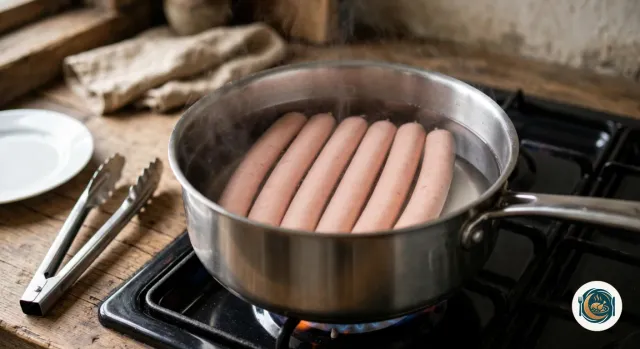 Six saucisses de Strasbourg rose pâle, entières, alignées dans une casserole en inox d’eau chaude immobile et légèrement fumante, sur le gaz, à côté d’une pince et d’une assiette blanche