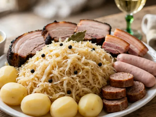 Grand plat ovale blanc garni d’un dôme de choucroute blonde piquée de baies de genièvre et d’une feuille de laurier, entouré de tranches épaisses de palette fumée à la croûte sombre, de tranches de lard fumé, de deux saucisses de Strasbourg, de rondelles de saucisse de Montbéliard et de cinq pommes de terre, à côté d’un pot de moutarde et d’un verre de vin blanc à pied vert