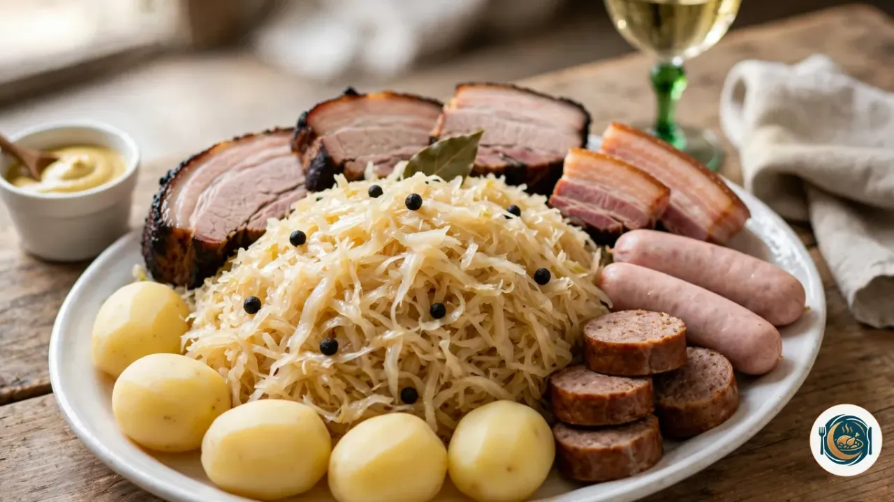 Grand plat ovale blanc garni d’un dôme de choucroute blonde piquée de baies de genièvre et d’une feuille de laurier, entouré de tranches épaisses de palette fumée à la croûte sombre, de tranches de lard fumé, de deux saucisses de Strasbourg, de rondelles de saucisse de Montbéliard et de cinq pommes de terre, à côté d’un pot de moutarde et d’un verre de vin blanc à pied vert