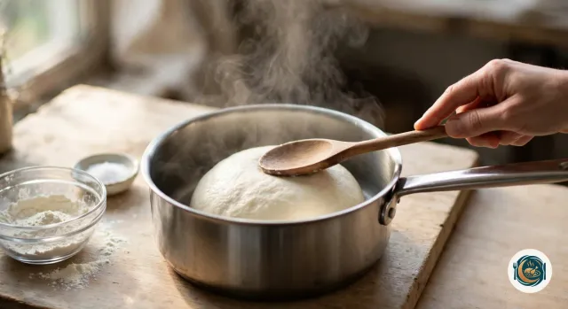 Casserole en inox hors du feu contenant une boule de pâte lisse et blanc crème qui fume encore et se détache des parois, pressée par une cuillère en bois tenue à la main, à côté d’un bol en verre presque vide de farine et d’une coupelle de sel