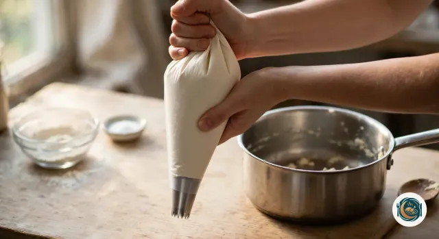 Deux mains qui tiennent debout une poche à douille blanche bien remplie de pâte claire, terminée par une douille métallique cannelée, l’une tordant le haut de la poche et l’autre pressant la pâte vers le bas, à côté de la casserole presque vide