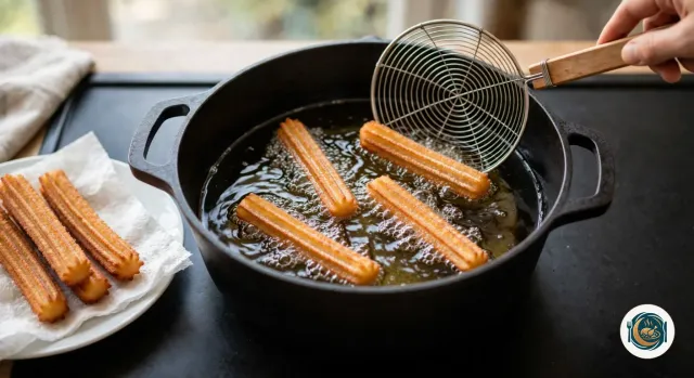 Cocotte noire en fonte à moitié remplie d’huile chaude où frémissent quatre churros droits et dorés, avec une écumoire en fil métallique tenue au-dessus par une main, et à gauche une assiette garnie de papier absorbant où attendent des churros déjà frits