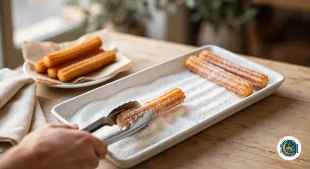 Pince de cuisine qui roule un churro doré dans un long plat blanc rempli de sucre en poudre, où deux churros déjà sucrés attendent au fond, avec une assiette de churros nature sur du papier en arrière-plan