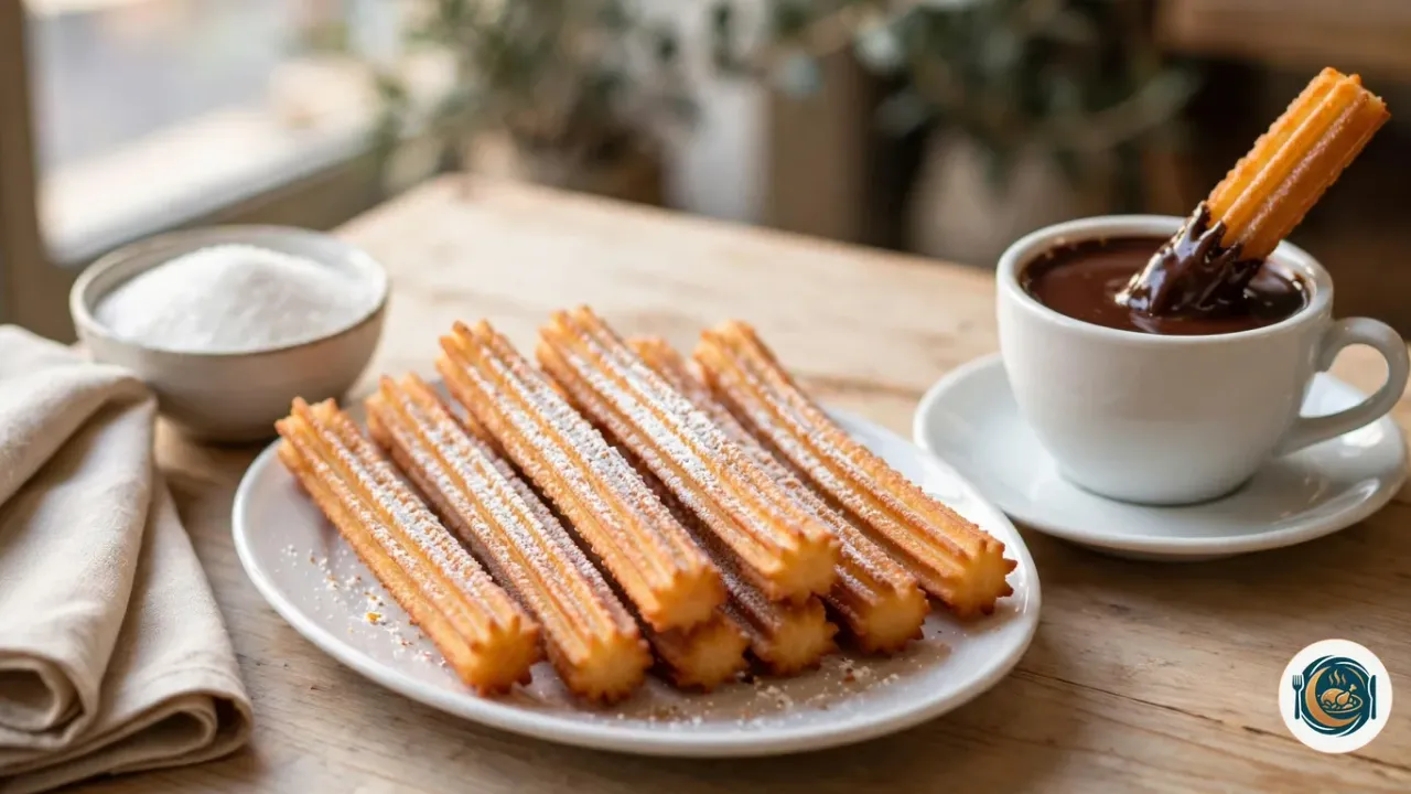 Assiette ovale blanche de churros dorés et striés, saupoudrés de sucre fin, posée sur une table en bois clair à côté d’une tasse de chocolat chaud épais où trempe un churro, d’un bol de sucre et d’une serviette en lin