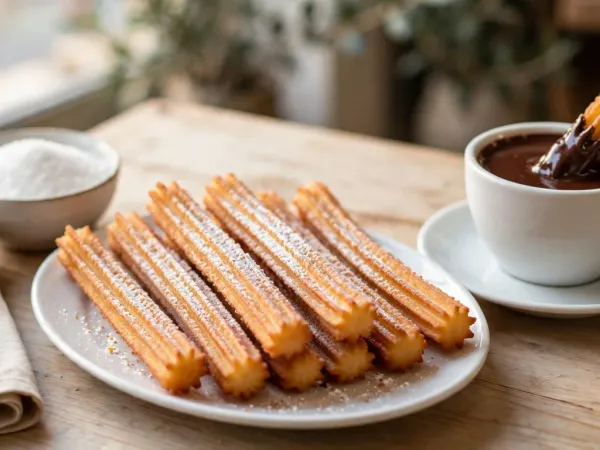 Assiette ovale blanche de churros dorés et striés, saupoudrés de sucre fin, posée sur une table en bois clair à côté d’une tasse de chocolat chaud épais où trempe un churro, d’un bol de sucre et d’une serviette en lin