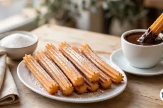 Assiette ovale blanche de churros dorés et striés, saupoudrés de sucre fin, posée sur une table en bois clair à côté d’une tasse de chocolat chaud épais où trempe un churro, d’un bol de sucre et d’une serviette en lin
