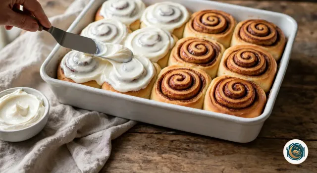 Main qui étale à la spatule coudée un glaçage blanc au fromage frais sur des cinnamon rolls dorés et encore chauds, dans un plat rectangulaire en céramique blanche, la moitié des roulés déjà glacée et l’autre encore nue, à côté d’un bol de glaçage