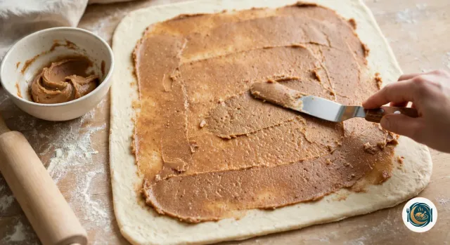 Main qui étale à la spatule coudée une couche fine de beurre à la cassonade et à la cannelle sur un grand rectangle de pâte crue, posé sur un plan de travail en bois fariné, à côté d’un bol de garniture et d’un rouleau à pâtisserie