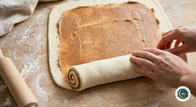 Deux mains qui roulent bien serré, en partant du bord le plus proche, un grand rectangle de pâte crue tartinée de beurre à la cannelle, le boudin montrant déjà une spirale à son bout, sur un plan de travail en bois fariné, à côté d’un rouleau à pâtisserie