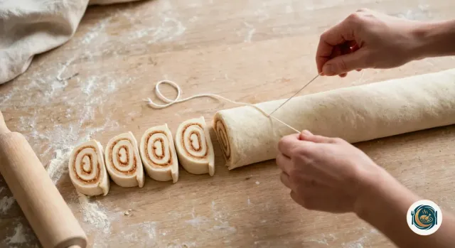 Deux mains qui coupent un long boudin de pâte crue avec un fil de cuisine blanc, à côté de quatre tranches déjà coupées qui montrent chacune une spirale de pâte et de cannelle, sur un plan de travail en bois fariné, près d’un rouleau à pâtisserie